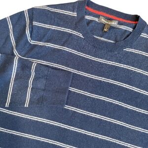 Banana Republic Mens Merino Wool Blend Striped Fine Knit Sweater Navy Preppy LRG